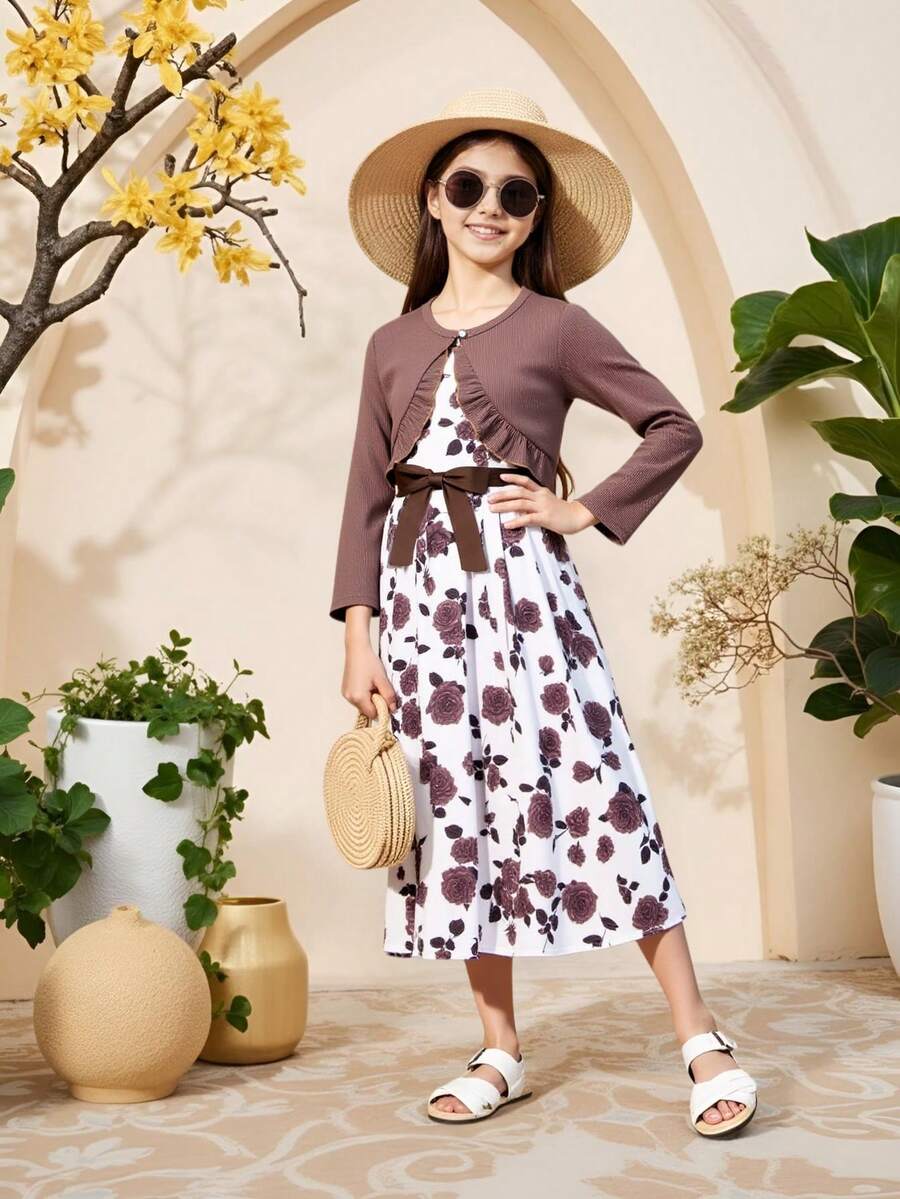 Váy thắt eo họa tiết hoa cho bé gái tuổi mới lớn & Áo khoác cài nút phía trước, Ngày lễ, Mùa hè, Du lịch - màu nâu - Xem 1