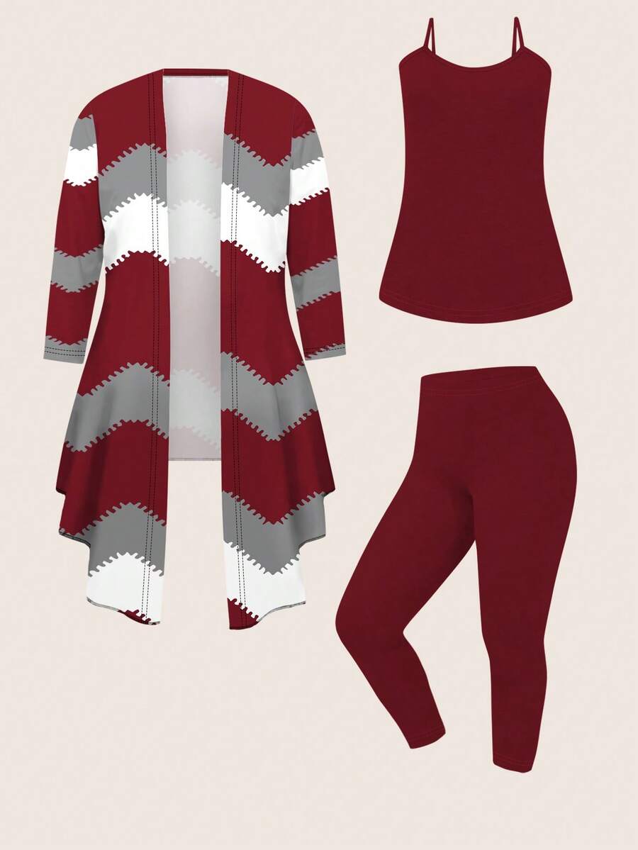 EMERY ROSE Plus Size Retro Wave Pattern Print 3 PiecesCasual Set