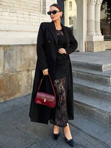 Lavishia Long Lapel Button Pocket Black Woolen Coat Fall Winter New Year Christmas Elegant - Black - View 1