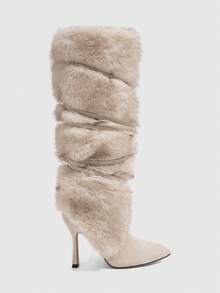 CUCCOO SZL 性感时尚奢华派对尖头细高跟仿皮草衬里拉链踝靴，杏色及膝女靴 - 杏色 - 查看 2