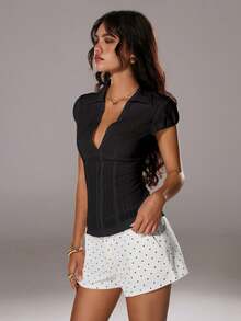 TRNVIE Summer White Textured Collar Fitted Slim Fit Chest Button Sexy Office Lady Cotton Striped Short Sleeve Shirt - Black - View 5