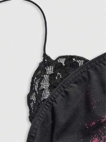 ROMWE J-Fashion Y2K Style Rose Print Rhinestone 2 Pieces Lace Trim Halter Ruched Camisole - Black - View 3