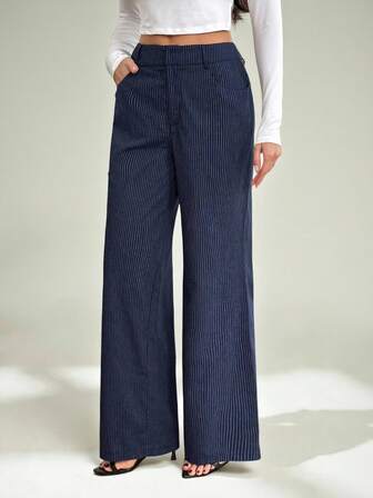 SHEIN Tall Women's Casual Fashionable Summer Vacation Striped Print Pocket Loose Pants For Daily Wear,Navy Blue Pants,Fall/Winter