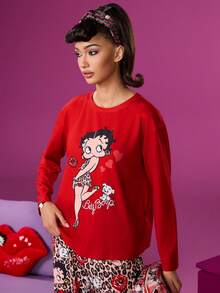 Betty Boop x SHEIN 女士红色贝蒂豹纹卡通图案落肩上衣和裤子睡衣套装秋冬圣诞睡衣套装新年秋装 - 紅色 - 查看 6