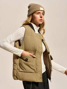 Easithlete Women's Casual Baseball Collar Loose Vest Jacket, Autumn/Winter New Arrival - Khaki - View 2