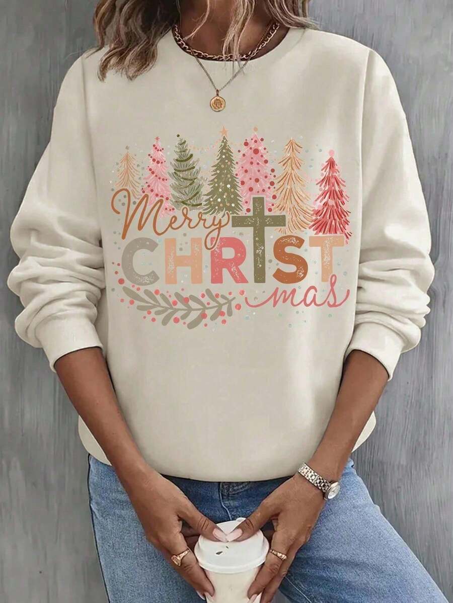 EMERY ROSE Plus Size Christmas Print Crew Neck Sweatshirt, Casual For Autumn/Winter - Multicolor - View 1