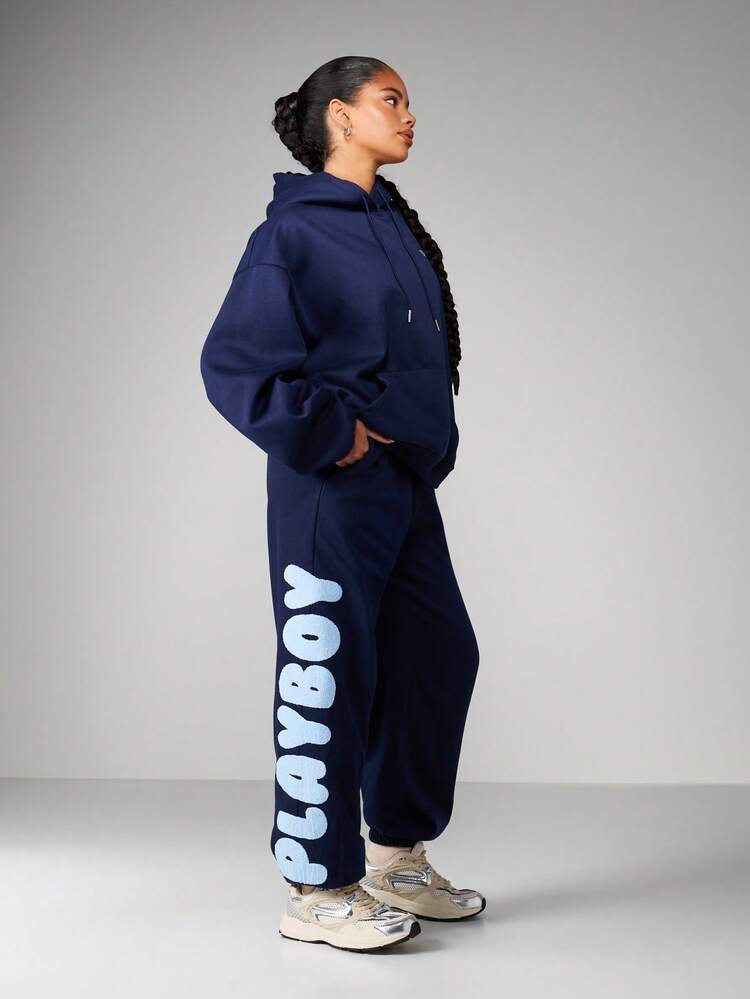 Missguided x Playboy Drawstring Sweatpants With Text Print Cuffed Joggers For Casual Winter Loungewear