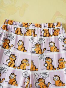 GARFIELD | SHEIN 2 件套青少年女孩针织休闲全身印花圆领长袖上衣和全印花直筒裤睡衣套装 - 白色 - 查看 8