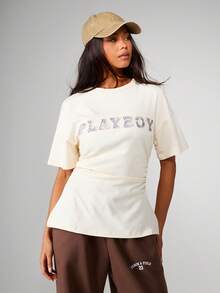 Missguided x Playboy Áo thun cổ tròn tay ngắn cổ điển thắt eo cỡ lớn, thích hợp mặc thường ngày - Màu Xám nhạt - Xem 1