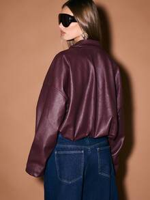 KIZN Oversized Faux Leather Bomber Jacket With Zip Front Closure Winter Outerwear
