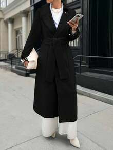 EURMUSE Women Oversize Pocket Long Sleeve Neck Button Maxi Long Elegant Overcoat - Black - View 4