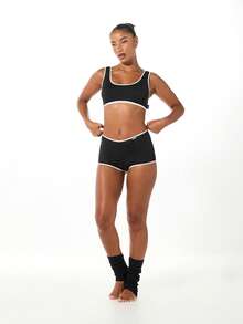 SUMWON WOMEN 撞色绑带平角裤，白色饰边，中心接缝细节 - 黑色 - 查看 4