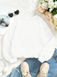 SHEIN Leap Crew 少女休閒新款圖案印花圓領衛衣，米色寬鬆版型長袖冬季上衣，秋季開學經典款 - 彩色 - 查看 3