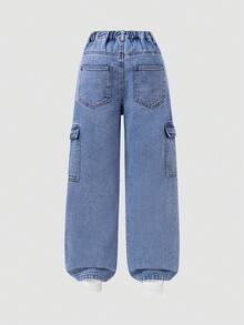 SHEIN ChillGRL 青少年女孩時尚刺繡寬腿工裝牛仔褲，春夏秋冬 Y2K 90年代女孩/幼兒時尚雪花水洗破舊刺繡喇叭褲，紫色 Y2K - 淺色水洗藍 - 查看 2