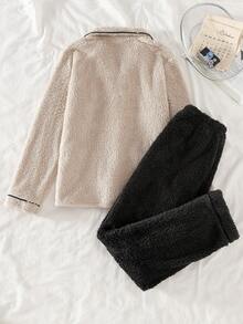 青少年男童保暖内衬开衫上衣和抓绒裤家居服套装，米色和灰色青少年男童抓绒服装套装 - 彩色 - 查看 2