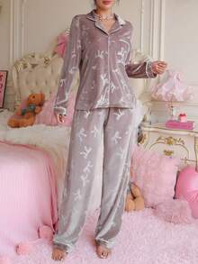 Bộ đồ ngủ nữ PetitDoll màu trơn nơ vải nhung jacquard và quần, bộ đồ ngủ mềm mại thu đông, bộ đồ ngủ lụa, đồ ngủ nữ 2 món, bộ đồ ngủ - Bụi tím - Xem 3