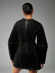 MISSGUIDED 修身迷你牛仔连衣裙，茧型袖，撞色缝线，适合秋季休闲穿着 - 黑色 - 查看 2