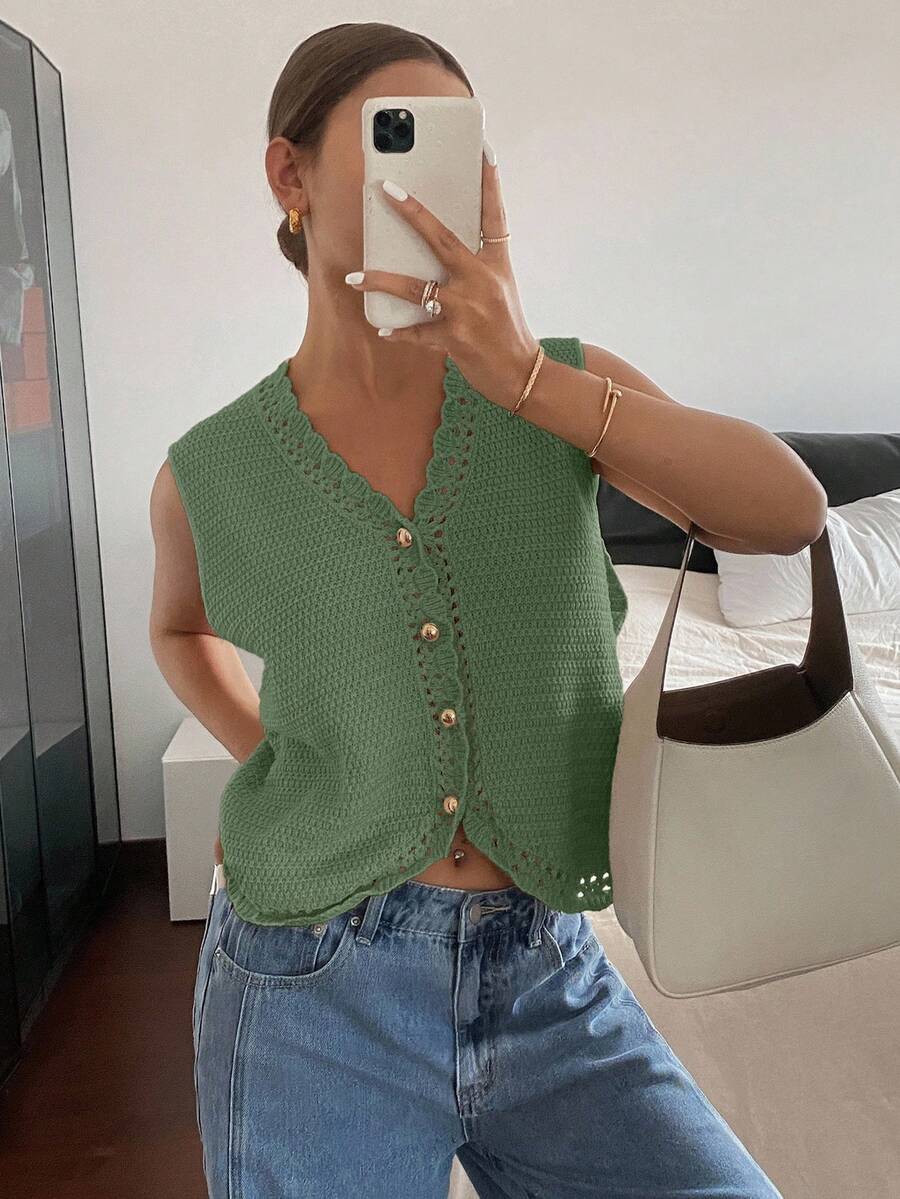 SHEIN Frenchy 秋冬女士纯色单排扣V领休闲针织背心 - 墨綠色 - 查看 1
