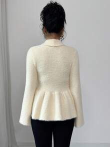 SHEIN Elenzya Women's Cream White Autumn Vintage Pullover Sweater,Elegant Tea Party Ruffle Collar Fitted Silhouette,Versatile Casual Outings Work School Office - Apricot - View 2