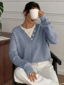 DAZY Áo chui đầu cổ Henley phối màu đơn giản, áo len dệt kim mềm mại 2 trong 1 dành cho nữ - Màu xanh lam - Xem 4