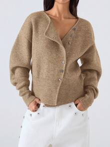 LYSMO Áo khoác len cardigan tay dài, cài khuy đơn, màu kaki thường ngày, trễ vai, màu kaki ngắn, cài nút mùa thu, áo len cardigan cài nút - Màu Khaki - Xem 3