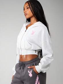 Missguided x Playboy Oversized Cropped Zip Up Hoodie With Drawstring For Fall Winter Casual Streetwear - Light Grey - View 2