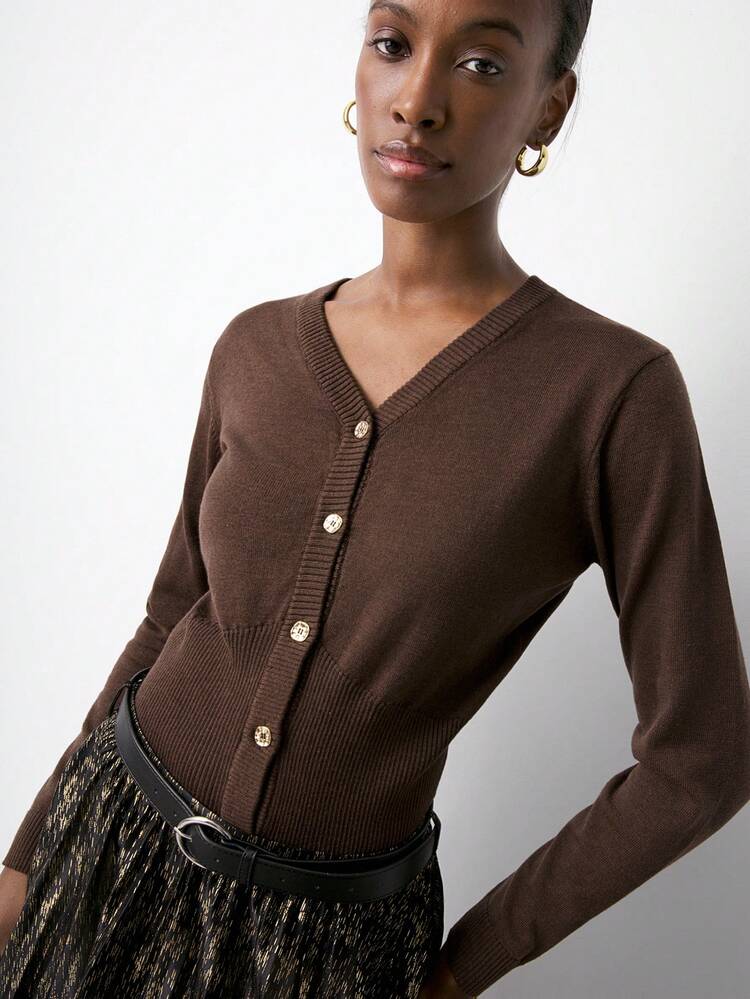 SHEIN Maija Women's Casual V-Neck Button-Up Cardigan, Solid Color, Versatile For Daily Commute, Autumn Autumn Clothes For Women Casual Blouses For Women  Brown Sweate