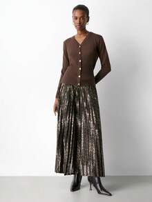 Maija 女士休闲 V 领纽扣开衫，纯色，百搭，适合日常通勤，秋季 - 咖啡棕 - 查看 3