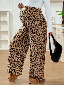 SHEIN 孕妇秋冬时尚豹纹阔腿运动裤，冬季豹纹裤，猎豹纹裤，动物纹裤，猎豹纹女装 - 杏色 - 查看 7