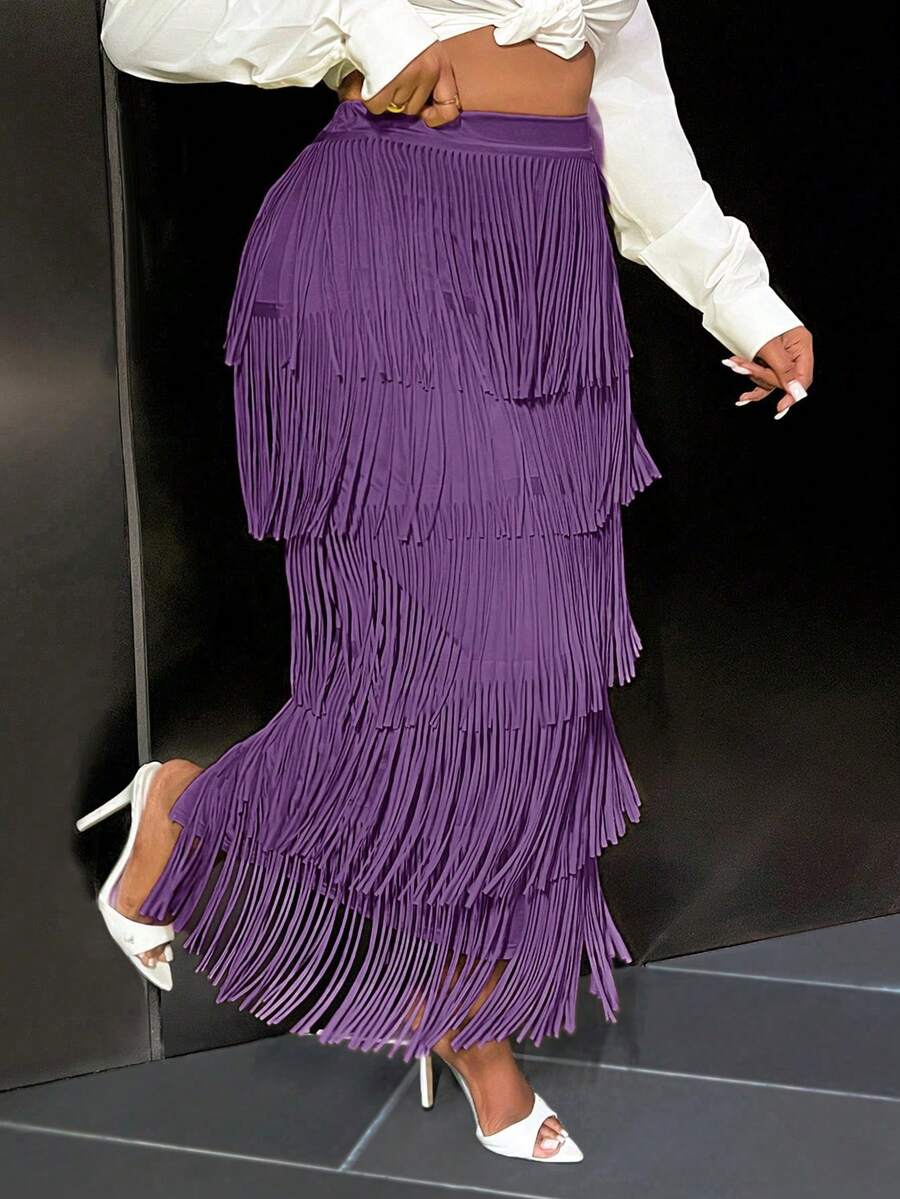 Slaydiva 女士优雅高端牛油果绿色流苏迷你裙 - 紫色 - 查看 1