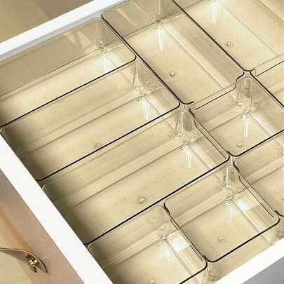 SHEIN 抽屉式桌面化妆品收纳盒，2 件/6 件组合透明塑料抽屉整理器套装，透明梳妆台收纳盒，精致收纳盒，办公桌抽屉隔断整理器和储物箱，用于化妆品、珠宝、厨房、卧室、浴室、办公室小工具圣诞节节日礼物