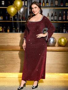 Reflora Plus Size Elegant Long Sleeve Sequin Embellished Dress - Red - View 3