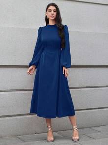 Modelyn 女士纯色灯笼优雅长款系带连衣裙 - 藏蓝色 - 查看 7