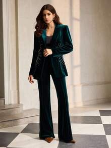 ZEYLAH Women's Elegant Fitted Flared Pants With Pockets, Autumn/Winter - Dark Green - View 7
