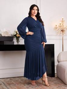 Modelyn Plus Size Elegant Solid Color Lantern Sleeve Dress, Suitable For Party - Navy Blue - View 3