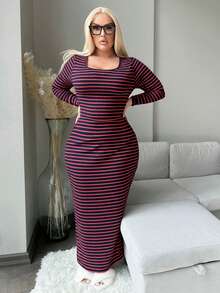 SHEIN SXY 大码女式舒适休闲圆领长袖紧身连衣裙，秋冬 - 彩色 - 查看 3