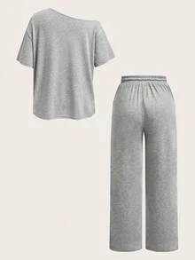 SHEIN PETITE 女款灰色夏季休閒日常兩件套，極簡街頭風露肩T恤與寬腿運動長褲套裝，基礎日常穿著衣物，適合嬌小女性 - 灰色 - 查看 2