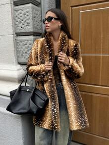 Aloruh 女式动物印花披肩领长袖仿皮草时尚夹克，秋冬仿皮草大衣动物印花大衣仿皮草夹克猎豹印花夹克女式动物印花派对俱乐部服装女式秋季服装万圣节服装万圣节冬装女式万圣节服装女式冬装秋季服装女式秋季服装秋季服装女式秋季服装 - 彩色 - 查看 8