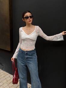 K-Vae 女士蕾丝拼接贝壳边休闲长袖衬衫，日常穿着 - 白色 - 查看 1