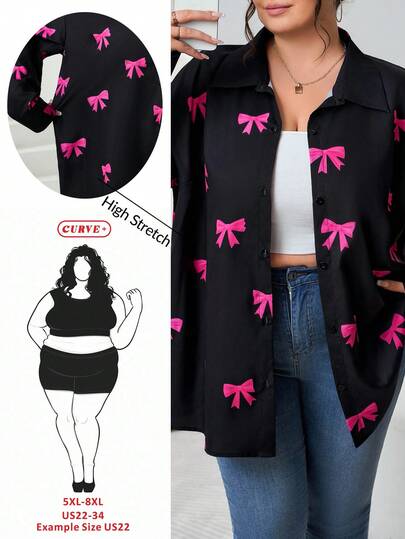 SHEIN CURVE+ CURVE Plus Size Women Bow Print Long Sleeve Casual Single-Breasted Shirt