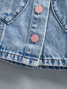 SHEIN 2pcs/Set Young Girl' Blue Denim & Pink Button Collar Long Sleeve Short Jacket And Mini Skirt - Light Wash - View 11