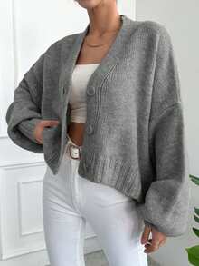 EURMUSE Women's Solid Color V-Neck Front Button Elegant Long Sleeve Cardigan - Light Grey - View 4