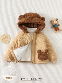 Cozy Pixies Baby Boy Cartoon Bear Pattern Contrast Color Hooded Winter Coat, Versatile & Comfortable For Indoor, Outdoor Casual, Skiing, Back To School, Daily Wear, Sports, Play, Party