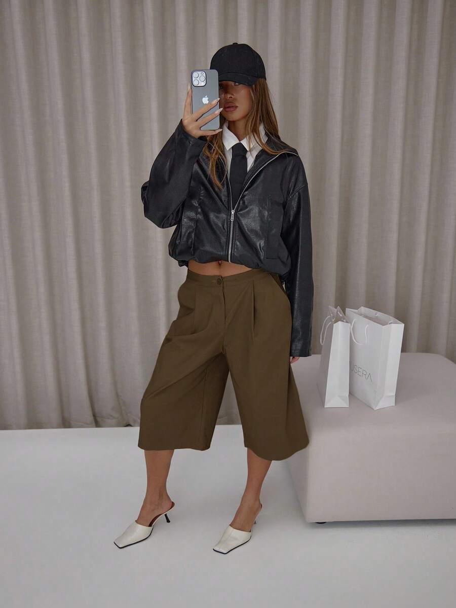 MUSERA Oversized Longline Low Rise Pleated Suit Shorts Classy Cute Sexy Streetwear Night Out Elegant Spring Casual Summer Holiday - Brown - View 1