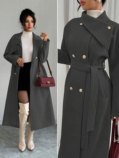 Elenzga 女式纯色金属双排扣长袖优雅大衣，秋冬