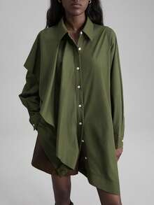 Ontre Áo sơ mi dài tay thiết kế bất đối xứng dành cho nữ, trang phục công sở thường ngày khi đi làm, áo cánh thanh lịch cho công sở, trang phục dự tiệc cưới, áo đỏ, áo sơ mi cơ bản - xanh quân đội - Xem 7