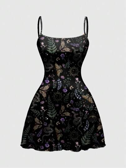 Goth Vestido mini con estampado todo sobre de sol, luna, estrella, hoja, polilla y mariposa en estilo gótico oscuro para mujeres