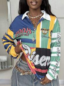 Coolane 女式秋冬街头风 Y2K 条纹图案运动宽松长袖 Polo 衫 - 彩色 - 查看 3