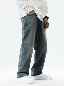 Chillumni 男士休闲做旧宽松斜口袋牛仔裤，秋季 - 中等水洗藍 - 查看 5