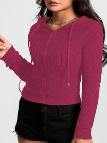 Calvaya Plus Size Casual Solid Color Zip-Up Drawstring Sweatshirt, Autumn - Hot Pink - View 5